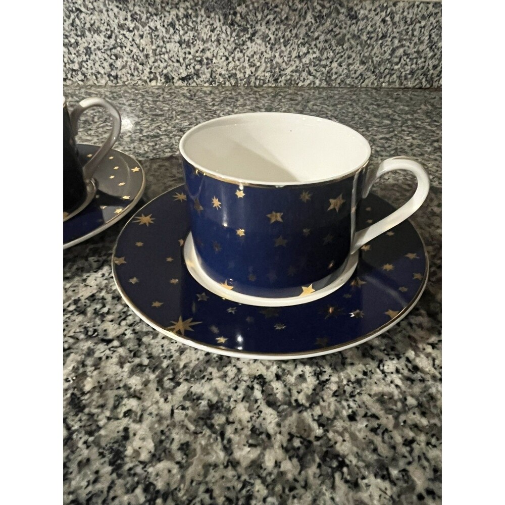 Sakura Galaxy Blue 14K Gold Stars Porcelain Teacup|Plate Set Magical Celestial